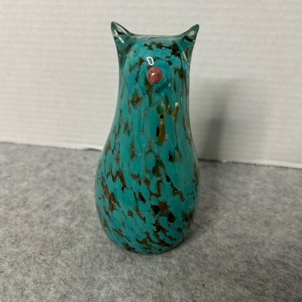 Solid Glass Speckled Gold Flecks Teal Cat Paperweight 2x6" No Chips Or Cracks